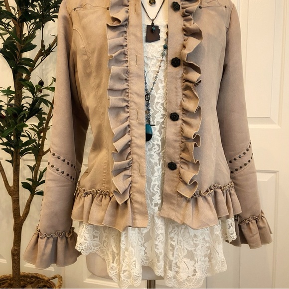 Faux Suede Ruffled Tan Jacket Metal Stud Accents - Picture 4 of 10